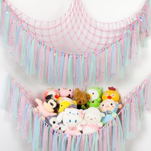Stuffed Animal Hammock with LED Lights - 59 Inch Large Toy Storage Net for Kids Bedroom, Wall-Mounted Plush Organizer with Wooden Rings, Nursery Decor (Handwoven, Pink) - Image 1