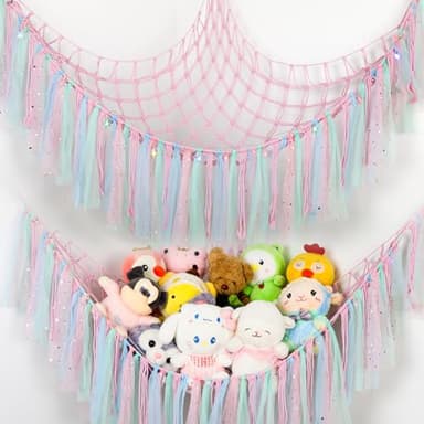 Stuffed Animal Hammock with LED Lights - 59 Inch Large Toy Storage Net for Kids Bedroom, Wall-Mounted Plush Organizer with Wooden Rings, Nursery Decor (Handwoven, Pink) - Image 1