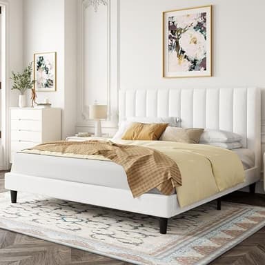Allewie King Bed Frame/Velvet Upholstered Bed Frame with Vertical Channel Tufted Headboard/Strong Wooden Slats/Platform Bed Frame/Mattress Foundation/Box Spring Optional/Easy Assembly/White - Image 3