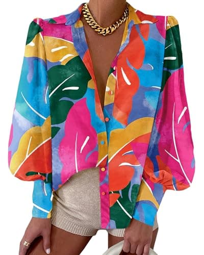 BTFBM Women Fashion Button Down Shirts V Neck Printed Solid Boho Long Sleeve Blouses Dressy Casual Summer Fall Tops(Multicolored, X-Large) - Image 1