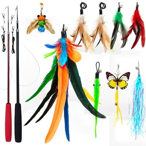 miwoowim Cat Toys Interactive for Indoor Cats, 2PCS Ultra-Long Teaser(50"+38")+9PCS Da Bird Feather Refills, Fishing Pole Toy,Retractable Cat Wand Toy and Feather Toys Refills Attachment Replacement - Image 1