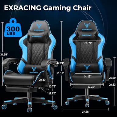 EXRACING Gaming Chair Ergonomic Computer Chair with Footrest and Lumbar Support, Height Adjustable High Back Leather Office Chair, 360° Swivel with Linked Armrest, for Adult and Teen (Blue) - Image 2
