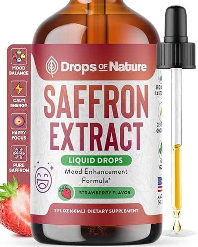 Saffron Supplements – Vegan, Fast Absorption Liquid Drops – Made with Pure Saffron Extract – Mix with Drinks Daily – Supports Eye Health, Emotional Balance & Antioxidant Level Boost (Strawberry, 60mL) - Image 1