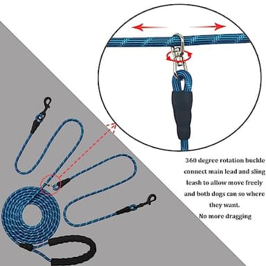 BTINESFUL 12ft/20ft/32ft Long Dog Leash for 2 Dogs, No Tangle 1/3inch Reflective Dual Leash Long Lead for Medium Small Breeds, Outside Walking Lead for Two Dogs Playing Recall Training (blue-32ft) - Image 3