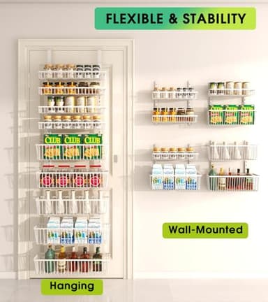 Mefirt White 9-Tier Over The Door Pantry Organizer, Pantry Organization and Storage, Deep Baskets Hanging Heavy-Duty Metal, Wall Spice Rack Seasoning Shelves for Home & Kitchen, Laundry Room Bathroom - Image 4
