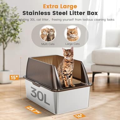 Tripamin 15” XL Stainless Steel Cat Litter Box Enclosure, XXL Stainless Steel High Sides with Lid, Extra Large Metal Cat Litter Box (Translucent Brown, XX-Large) - Image 2