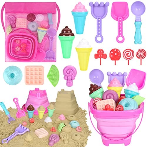 Collapsible Beach Toys Set for Kids Toddlers Girls, Collapsible Sand Bucket and Shovels Set with Mesh Bag & Sand Molds, Ice Cream Travel Sand Toys for Beach, Sandbox Toys for Toddlers Kids Age 3-10 - Image 1