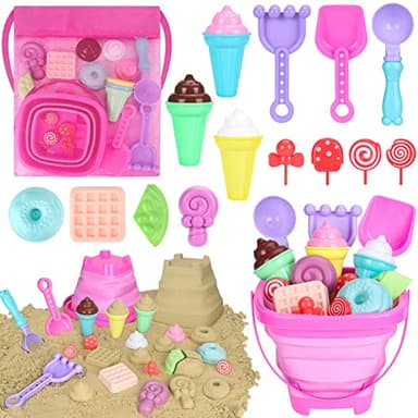 Collapsible Beach Toys Set for Kids Toddlers Girls, Collapsible Sand Bucket and Shovels Set with Mesh Bag & Sand Molds, Ice Cream Travel Sand Toys for Beach, Sandbox Toys for Toddlers Kids Age 3-10 - Image 1