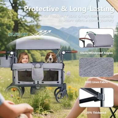Kinder King Folding Wagon Stroller for 2 Kids, All-Terrain Baby Stroller Wagon Outdoor, Removable Canopy 2 Seater, Adjustable Handle, Shock-Absorbing Wheel, Detachable Tray, Parent Organizer, Gray - Image 5