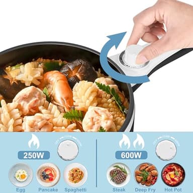 Dezin Hot Pot Electric with Steamer Upgraded, Non-Stick Sauté Pan, Rapid Noodles Electric Pot, 1.5L Mini Pot for Steak, Egg, Fried Rice, Ramen, Oatmeal, Soup with Power Adjustment - Image 4