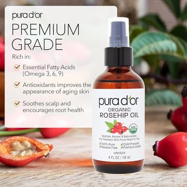 PURA D'OR 4 Oz ORGANIC Rosehip Seed Oil - 100% Pure Cold Pressed USDA Certified Anti-Aging Treatment - Vitamin A & C Rich - Helps Fade Appearance of Scars & Stretch Marks - For Face, Hair & Body - Image 3