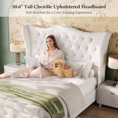 Queen Size Bed Frame-Upholstered Platform Chenille Sleigh Bed-51 inch Scroll Wingback Tall Headboard Footboard-Deep Button Tufted-Easily Assemble-Wood Slats Support-No Box Spring Required-Cream - Image 3