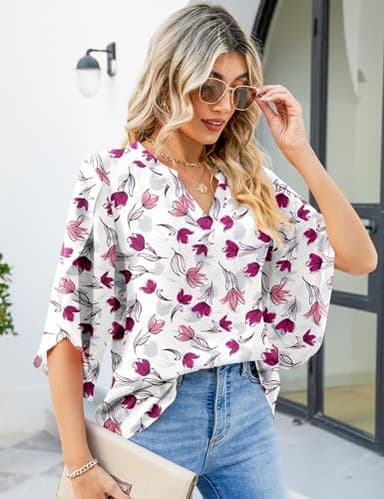 LUYAA Women's Chiffon Blouse Shirts Ruffled Sleeve Sexy V-Neck Summer Loose Elegant Tops (White/Pink Floral M) - Image 2