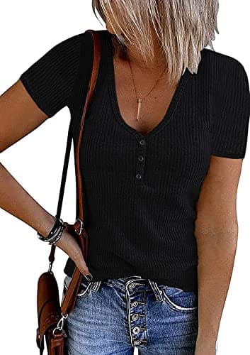 MEROKEETY Women's Summer Short Sleeve V Neck T Shirts Casual Ribbed Button Henley Knit Tops Blouse, Black, L - Image 1