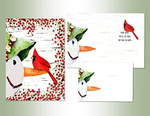 Performing Arts Premium Boxed Cardinal Christmas Card - Pack of 12 Hand Embellished Snowman and Bird Holiday Cards with Envelopes - Full color Inside - Merry Christmas Card - Made in USA - Image 1