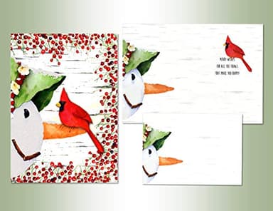 Performing Arts Premium Boxed Cardinal Christmas Card - Pack of 12 Hand Embellished Snowman and Bird Holiday Cards with Envelopes - Full color Inside - Merry Christmas Card - Made in USA - Image 1