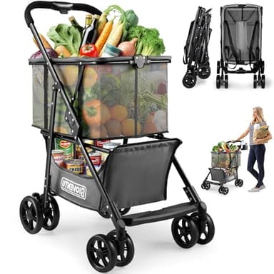 ๐๐๐๐ ๐๐ฉ๐ ๐ซ๐๐๐๐ Folding Shopping Cart with Wheels, 80lbs Multi Use Grocery Carts with 360ยฐ Wheels & Removable Tote Bag, Multifunctional Portable Personal Shopping Carts for Groceries, Black