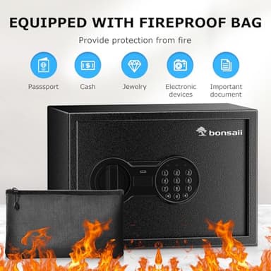 Bonsaii Safe Box with Fireproof Bag, Home Safe with Removable Shelf for Money Documents Jewelry Valuables, 0.6 Cubic Feet, 9.84"D x 13.78"W x 9.84"H, Black - Image 3
