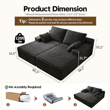 80” Oversized Double Lounge Chaise,Cloud Plush Sofa Bed,Upholstered Boneless Cloud Sofa Deep Seat,No Assembly Required,Modern Corduroy Sleeper Loveseat Chair for Living Room Bedroom Reading,Black - Image 2