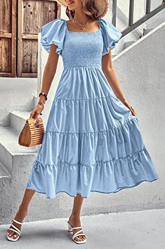 PRETTYGARDEN Women's Casual Summer Midi Dress Puffy Short Sleeve Square Neck Smocked Tiered Ruffle Dresses (Light Blue,Large) - Image 8