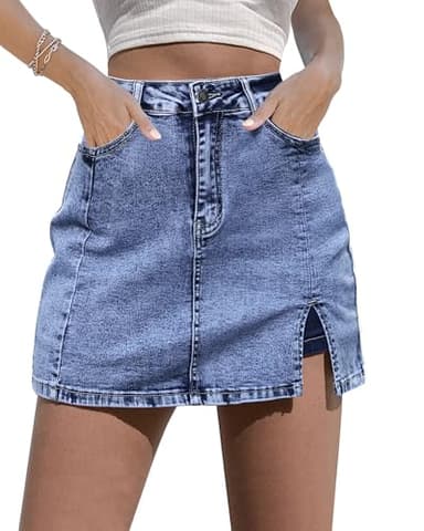 luvamia Skorts Skirts for Women Denim Mini Skirt Side Slit with High Waisted Jean Shorts Stretchy Womens Skort High Waisted Jean Shorts Bay Blue X-Large Size 16-18 - Image 1