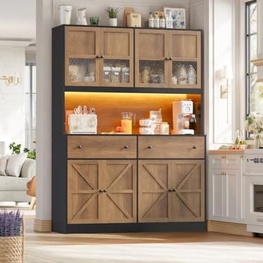 FINETONES 71" Pantry Cabinet with LED Light and Charging Station, Farmhouse Kitchen Pantry Cabinet with Microwave Stand, 47.2" Wide Kitchen Hutch Food Pantry with Open Countertop, Black/Brown - Image 5