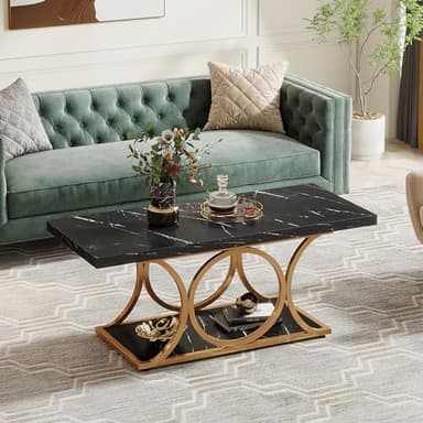 Tribesigns Rectangle Coffee Table, 47.24-inch Modern Coffee Tables for Living Room, 2-Tier Faux Marble Wood Coffee Table with Geometric Metal Legs, Furniture with Storage Shelf (Black & Gold) - Image 7
