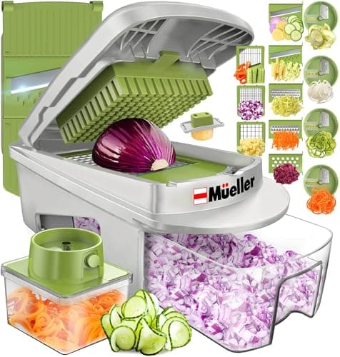 Mueller Pro-Series All-in-One, 12 Blade Mandoline Slicer for Kitchen, Food Chopper, Cucumber Slicer and Spiralizer, Cutter, Dicer, Grater, Gifts for Mom, Kitchen Essentials, White Sand/Green - Image 1