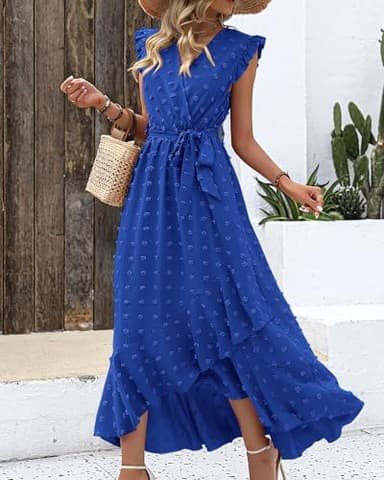 BTFBM Women V Neck Summer Dress 2025 Cap Sleeve Swiss Dot Boho Flowy Ruffle Slit Beach Party Long Maxi Cocktail Dresses(Royal Blue, Large) - Image 6