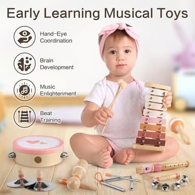 Musical Instruments for Girls - Toys for 2 3 Year Old Girl Birthday Gifts - 8 in 1 Wooden Montessori Musical Set with Xylophone/Tambourine/Maracas/Flute for Toddler 2-4(Pink) - Image 2