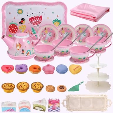 Tea Party Set for Little Girls,PRE-WORLD Princess Tea Time Toy Including Dessert,Cookies,Doughnut,Teapot Tray Cake, Tablecloth & Carrying Case,Kids Kitchen Pretend Play for Girls Boys Age 3-6 - Image 3