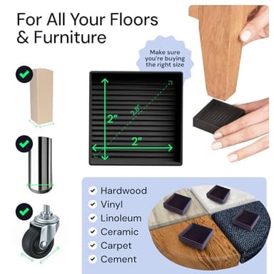 CasterMaster Non-Slip Furniture Pads Square Rubber Anti-Skid Caster Cups, Anti-Sliding Floor Protectors for Furniture (Black, 2'' x 2'' (Pack of 8)) - No Slippery Rubber Squares - Image 4
