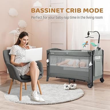 JOYMOR Baby Bedside Bassinet, Baby Bassinet, Pack n Play Convert Playpen, Quick Foldable Travel Bed with Wheels & Brake, Carry Bag for Boys Girls (Gray) - Image 4