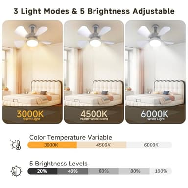 MOTCTQVD Ceiling Fans with Lights and Remote, Ceiling Fan Light 3000K-6000K 3 Colors Dimmable, Ceiling Fan, 1000 Lumens LED Ceiling Fans for Bedroom Garage Kitchen - Image 3