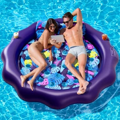 SUIMOT Inflatable Pool Floats Adult Size - 77" X-Large Heavy Duty Tanning Floating Mat Cooling Holes Lounger with Pillow, Pool Floaties Bed with Cup Holders for Backyard Swimming Pool Party, Purple - Image 1