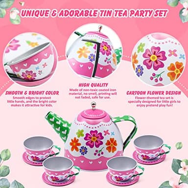 Hohosunlar Kids Tea Party Set for Little Girls, Flower Toy Tin Tea Set with Carry Case, Dessert Play Food Tea Cup Set Teapot Girl Jewelry, Birthday for Girls Kids 3 4 5 6 7 Years Old - Image 4