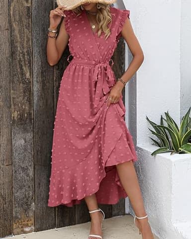 BTFBM Women V Neck Summer Dress 2025 Cap Sleeve Swiss Dot Boho Flowy Ruffle Slit Beach Party Long Maxi Cocktail Dresses(Pink, Medium) - Image 2