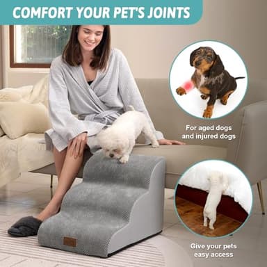 COZY KISS Dog Stairs for Small Dogs 15.7" H, Curved Dog Step for Puppy, Older Cat, Medium Pet Ramp for Sofa, Couch or Chair, Ladder with High Density Foam, 3 Step, 15.7x22.4x15.7 inch, Grey - Image 3