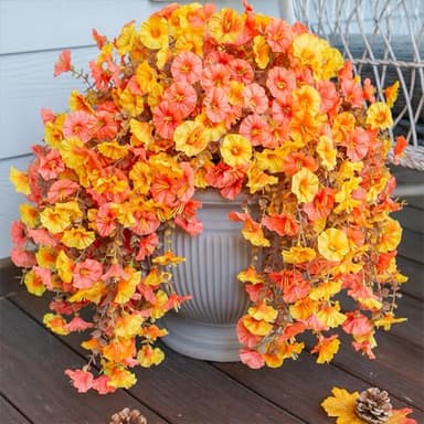 2 PCS Artificial Faux Fall Hanging Flowers Plants for Outdoor Decor,Fake Silk Morning Glory with Eucalyptus UV Resistant Mums for Wall Home Porch Patio Balcony Yard Indoor Decor (Fall Orange+Yellow) - Image 2