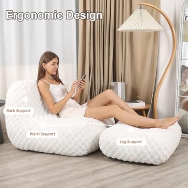 LOVMOC Bean Bag Chair with Footstool, Comfy Reading Sofa Chair for Adults, Modern Floor Sofa for Livingroom, Bedroom, Cream - Image 4