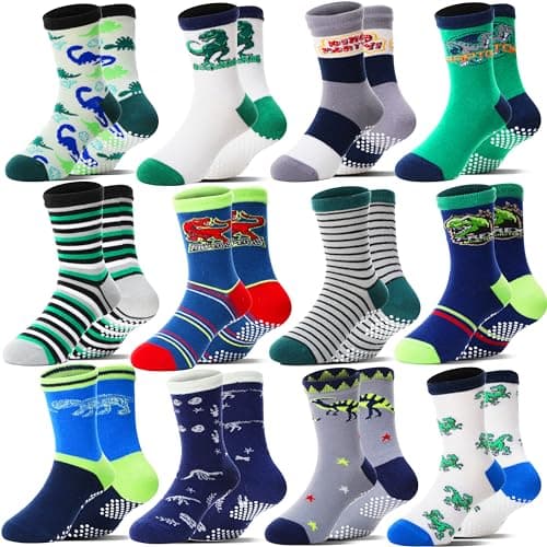 Welwoos Baby Boys Grips Socks Kids Toddlers Infants Non Slip Anti Skid Funny Animal Cartoon Gift Cotton Socks with Grippers 12 Pairs Stocking Stuffers (Dinosaur,3-5 Y) - Image 1