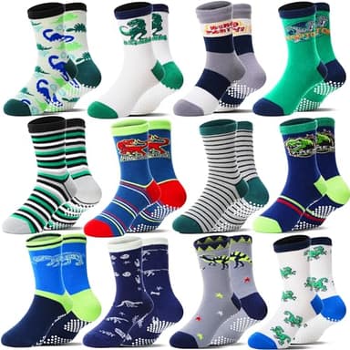 Welwoos Baby Boys Grips Socks Kids Toddlers Infants Non Slip Anti Skid Funny Animal Cartoon Gift Cotton Socks with Grippers 12 Pairs Stocking Stuffers (Dinosaur,3-5 Y) - Image 1