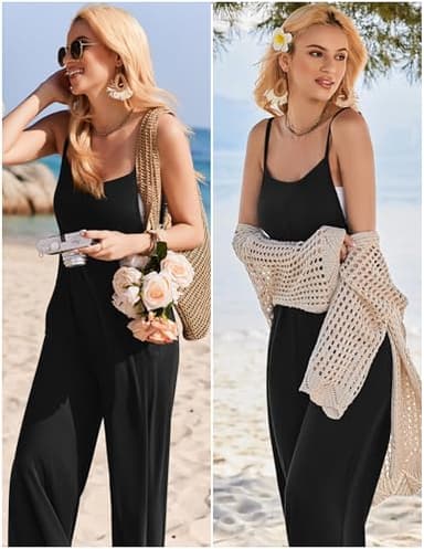 Ekouaer Womens Causal Sleeveless Jumpsuits Summer Boho Wide Leg Floral Rompers Overalls with Pockets Black L - Image 3