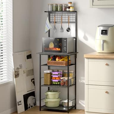 5 Tier Coffee Bar Station, Kitchen Stand with 4 S-Shaped Hooks, Farmhouse Corner Coffee Bar for Small Spaces, Bakers Rack for Kitchen, Entryway, Living Room, 13.43" D x 18.93" W x 53.31" H,Gray - Image 4