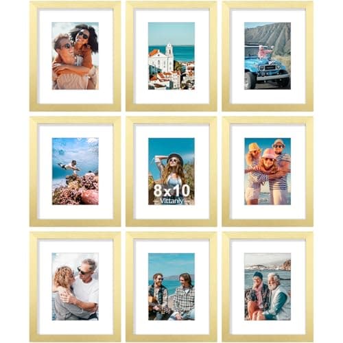 Vittanly 8x10 Picture Frames Set of 9, Shatter Resistant Plexiglass, Display 5x7 Pictures with Mat or 8x10 without Mat, Photo Frames for Wall or Tabletop, Engineered Wood, Gold - Image 1