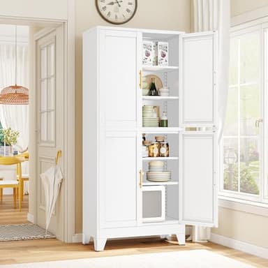 GAIOUS 75.2" Tall Metal Pantry Cabinet, Kitchen Pantry Storage Cabinets with 4 Door and 4 Adjustable Shelves, White Storage Cabinet, Freestanding Cupboard for Kitchen Dining Room Living Room Bathroom - Image 2