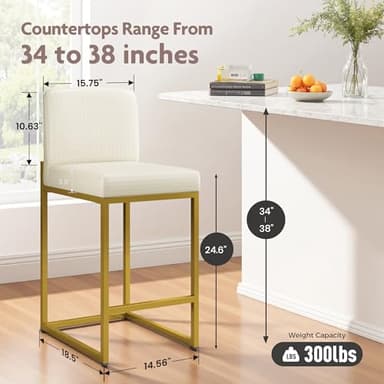 ALPHA HOME 24” Bar Stools Set of 4 Counter Height Bar Stool Pu Leather Kitchen Modern Bar Stools with Backrest Upholstered Footrest Sturdy Chromed Metal Steel Frame, Off-White - Image 2