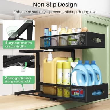 Under Sink Organizer, 2 Tier Pull out Cabinet Organizer Baskets with Mesh Sliding Drawers, Slide out Storage Shelf for Home, Kitchen, Bathroom, Pantry, Office Cabinet, Countertop(1 Pack - Image 5
