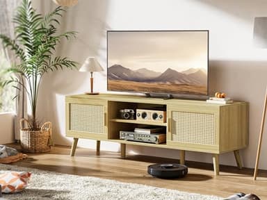 SUPERJARE Boho TV Stand for 65 Inch TV, Entertainment Center with Adjustable Shelf, Rattan TV Console with 2 Cabinets, Media Console, Solid Wood Feet, 4 Cord Holes, for Living Room - Natural - Image 2