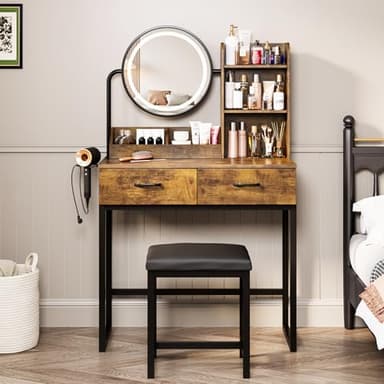 Makeup Vanity Desk with Round Mirror and Lights, White Vanity Makeup Table with 2 Drawers, Small Vanity Table for Bedroom with Lots Storage (Brown and Black, 15.75 * 31.5 * 53.6in) - Image 1